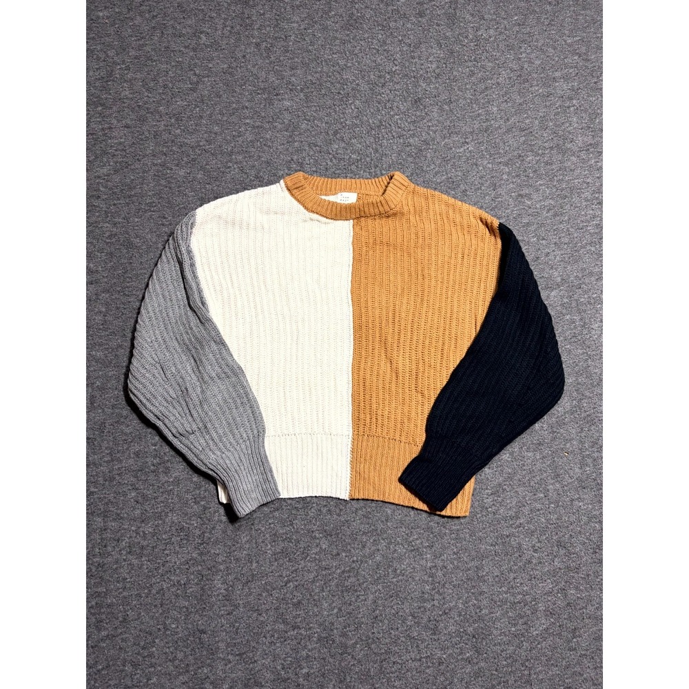 A New Day Crop Sweater Womens XS Gray Brown Colorblock Ribbed Trims Knit Cotton